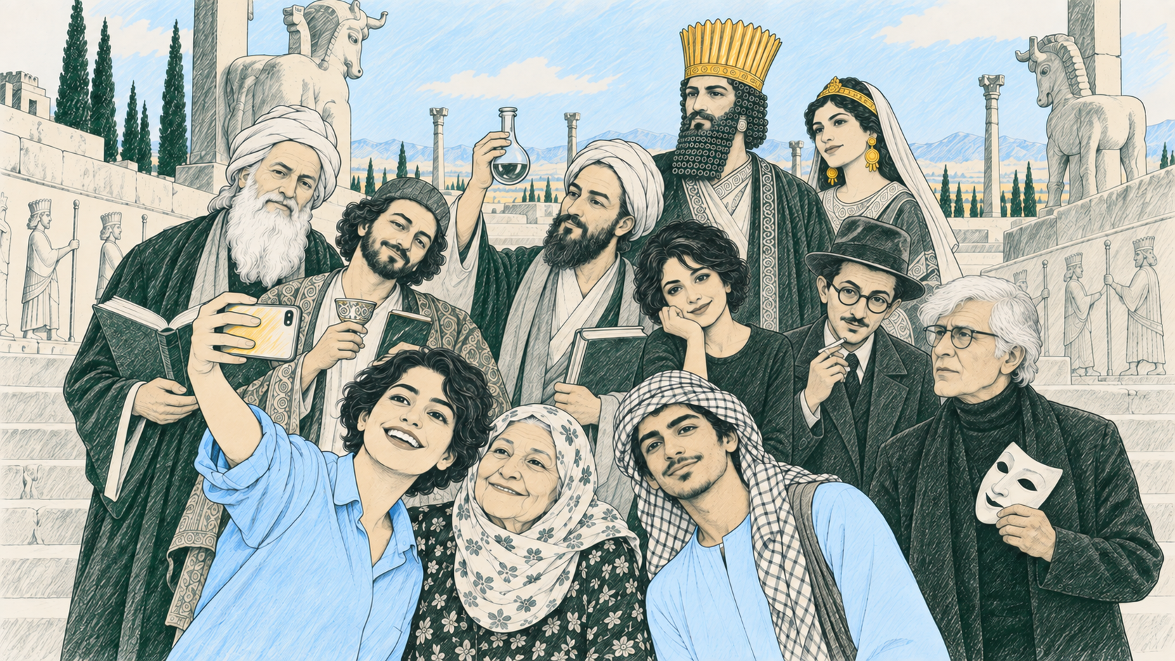 سلفی با تاریخ — ایرانیان امروز بر پلههای تخت جمشید، کنار فردوسی، حافظ، ابنسینا، فروغ، هدایت، بیضایی و شاه و شهبانوی هخامنشی